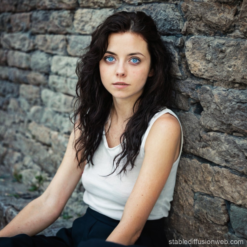 Portrait of a Young Woman with Striking Blue Eyes by Stone Wall