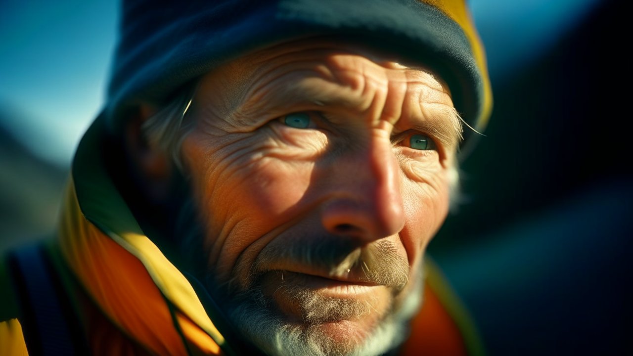 Portrait of an Elderly Alpinist in Outdoor Gear