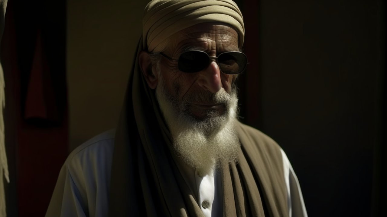 Portrait of an Elderly Man in Traditional Attire with Sunglasses