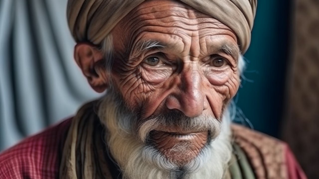 Portrait of an Elderly Man with Deep Wrinkles and Traditional Headwear