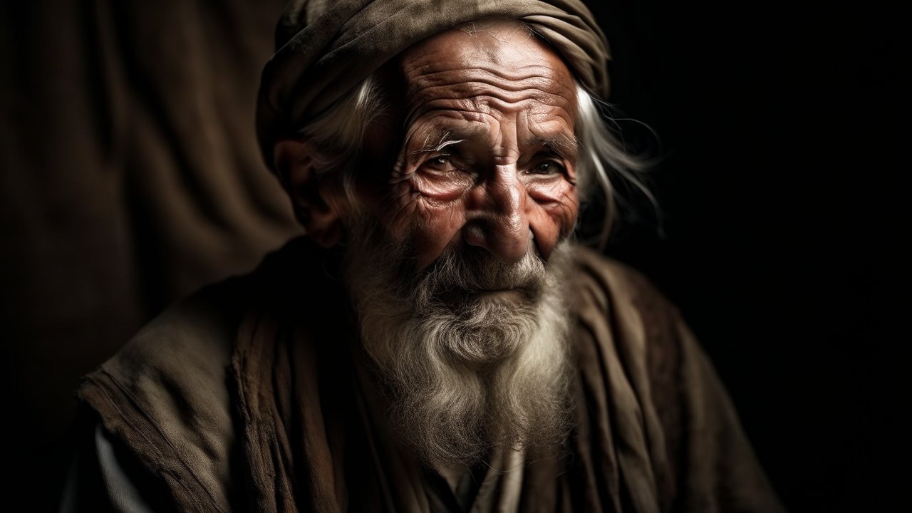 Portrait of an Elderly Man with Deep Wrinkles and White Beard