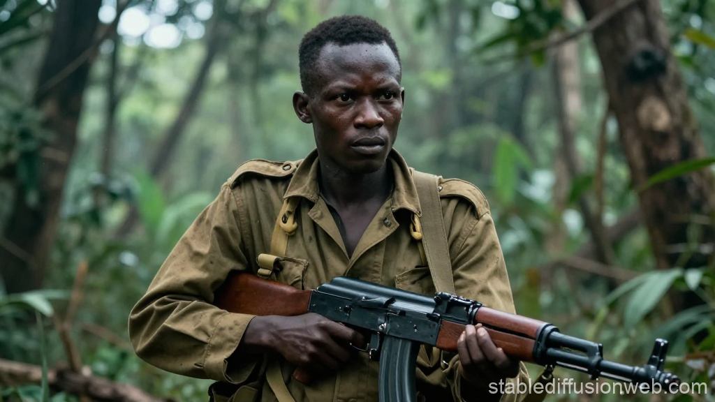 Portrait of Armed Rebel in Dense Jungle