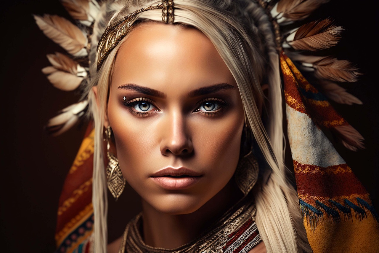Portrait of Blonde Woman in Tribal Headdress