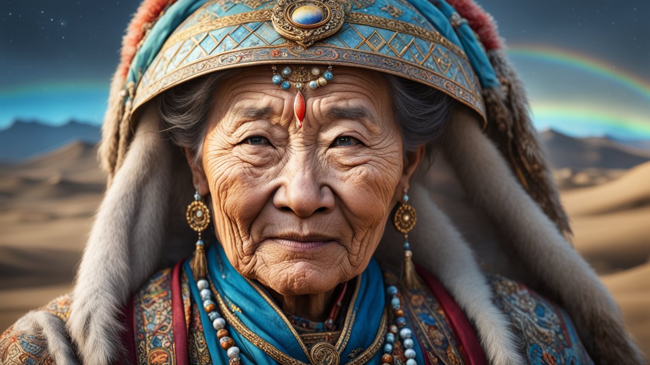 Portrait of Elderly Mongolian Woman in Traditional Attire