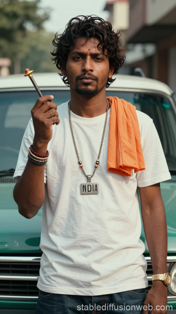 Portrait of Indian Man with Traditional Object and Car
