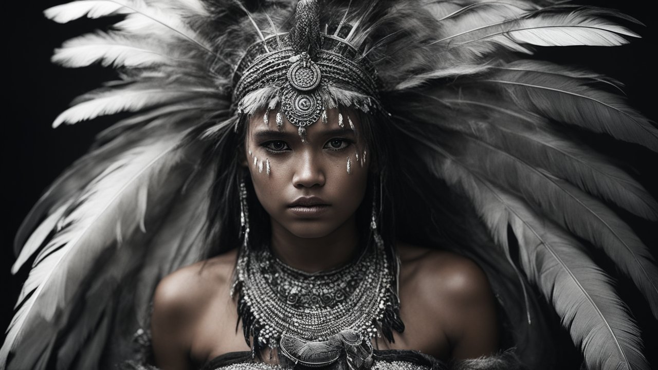 Portrait of Indigenous Woman in Ornate Feather Headdress