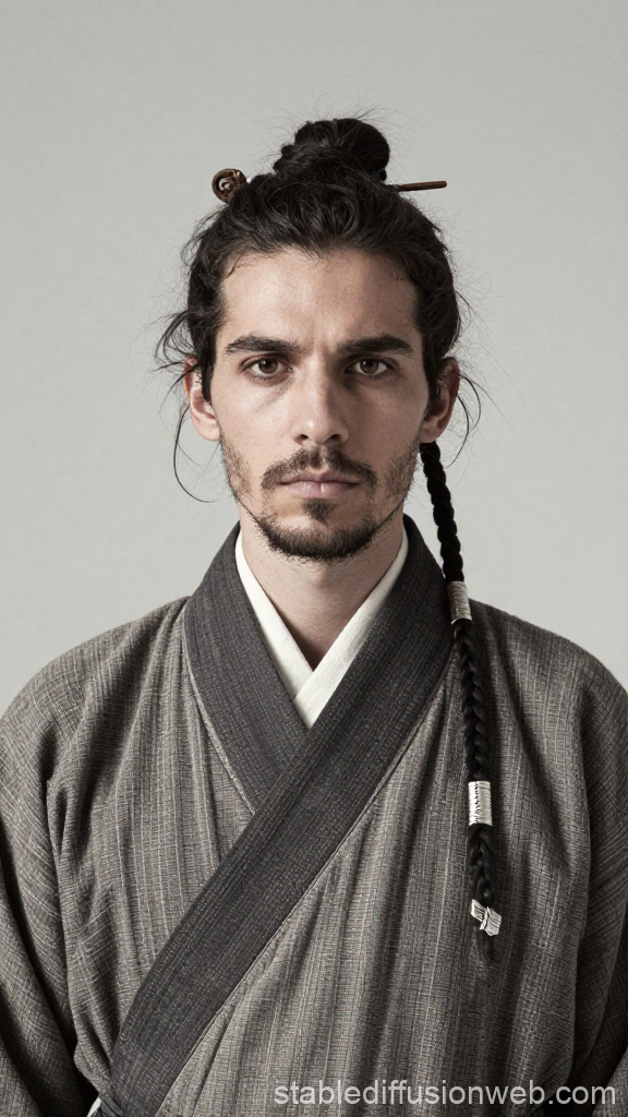 Portrait of Man in Traditional Asian-Inspired Robe with Braided Hair