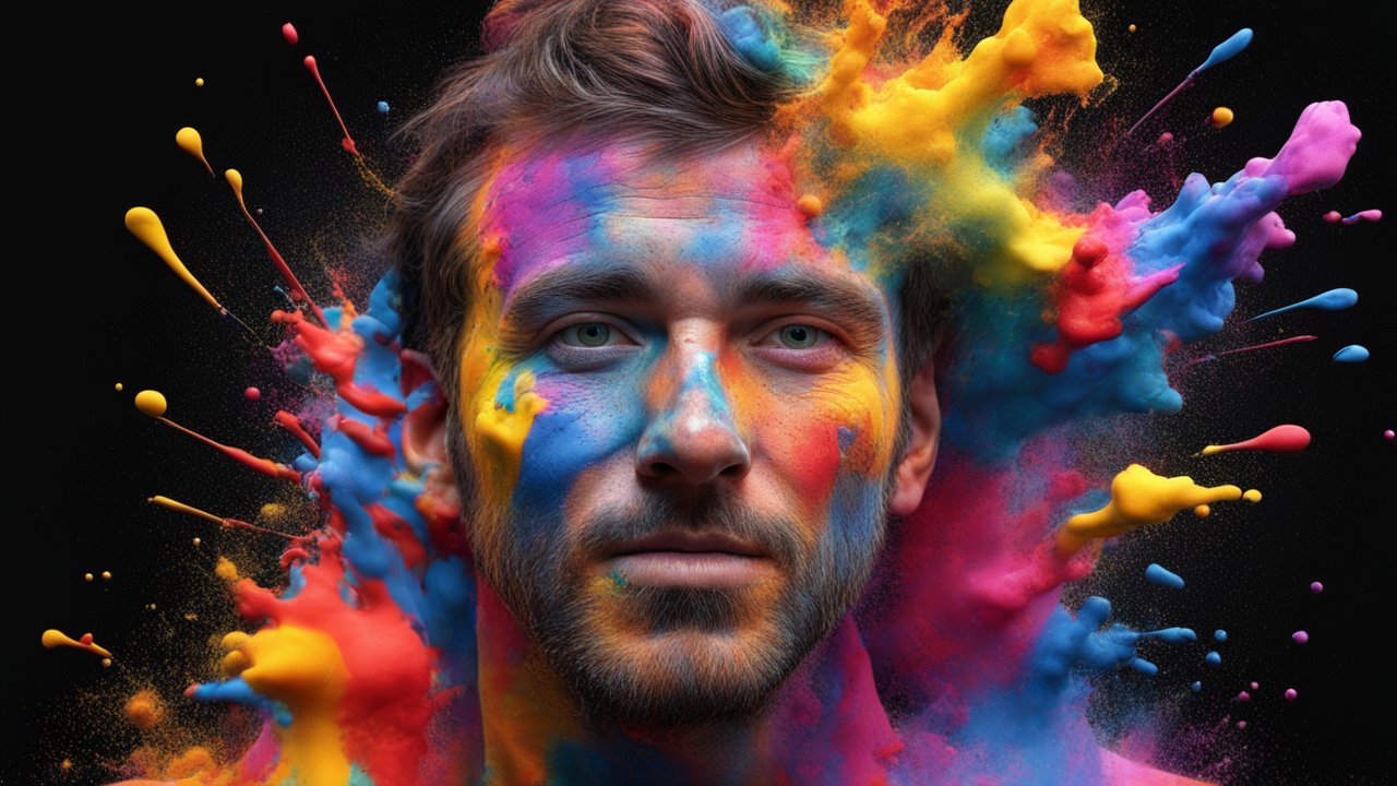 Portrait of Man with Exploding Colorful Paint