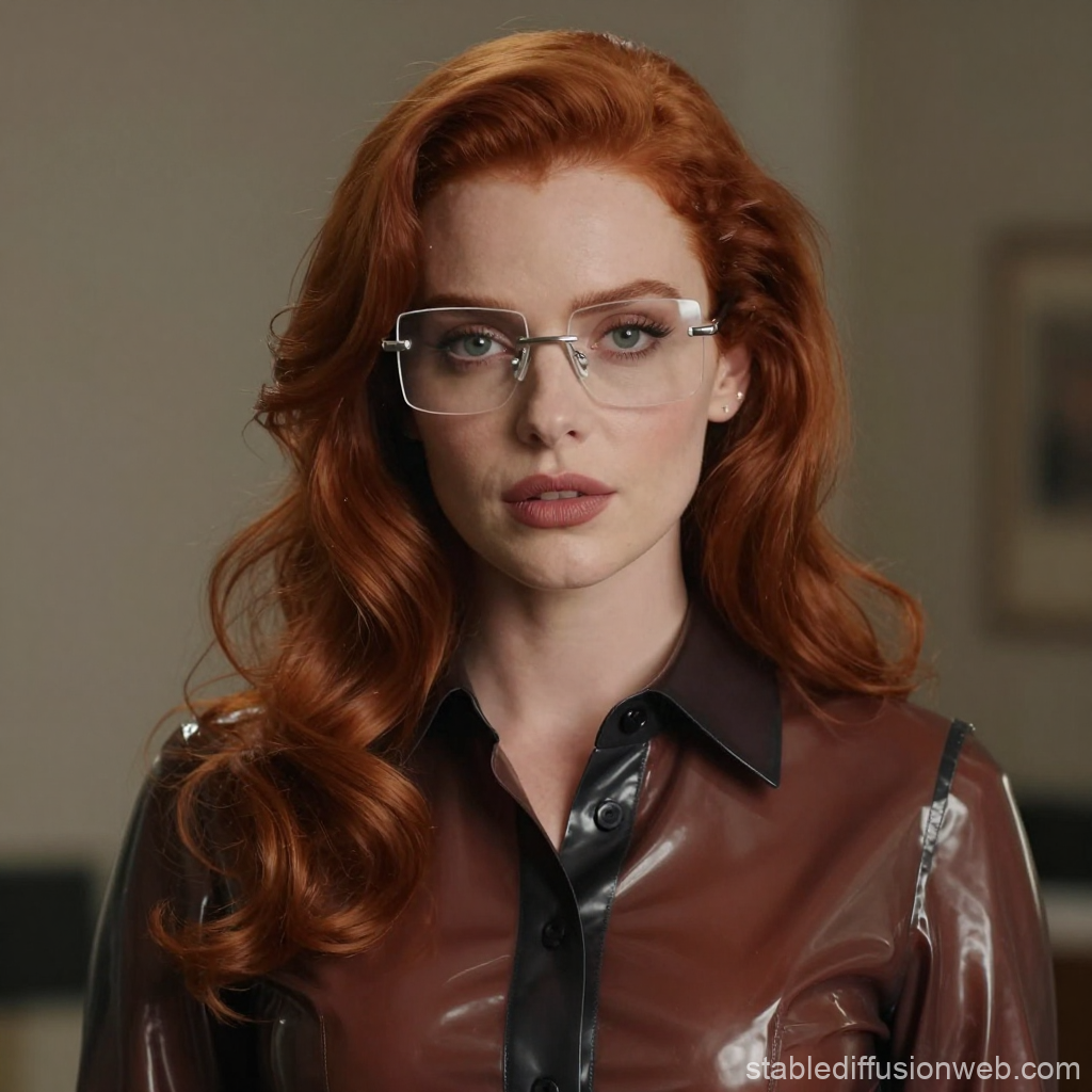 Portrait of Redhead Woman in Glossy Latex Shirt and Glasses