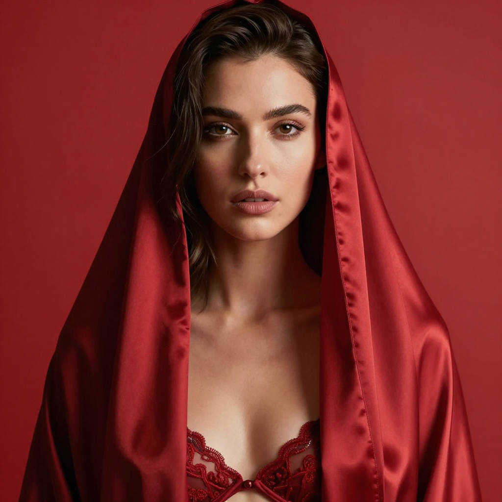 Portrait of Woman Draped in Red Satin Fabric