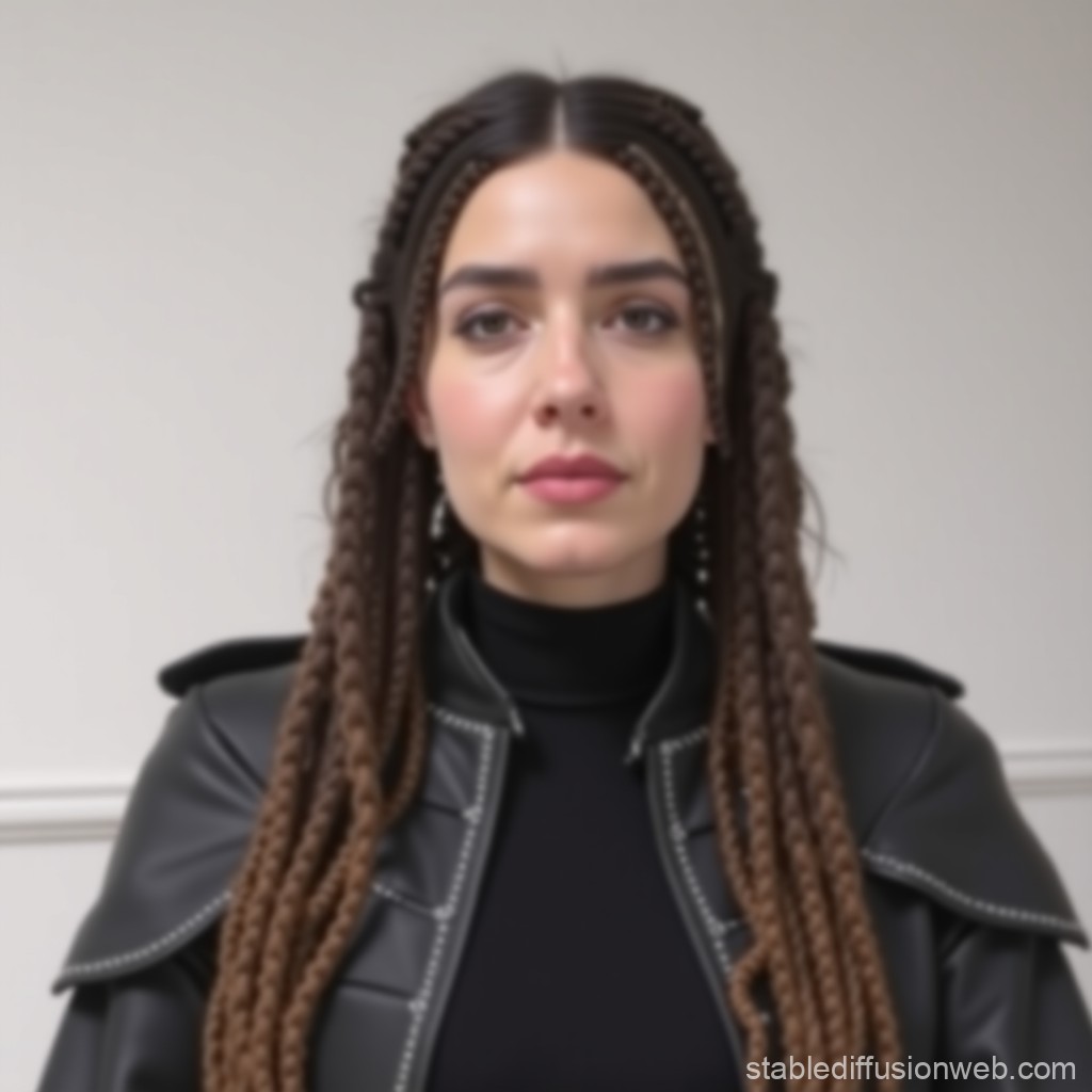 Portrait of Woman with Long Braided Hair in Black Leather Jacket