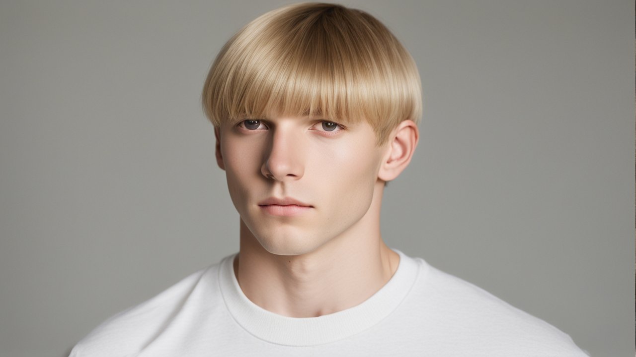 Portrait of Young Man with Blonde Bowl Cut Hairstyle