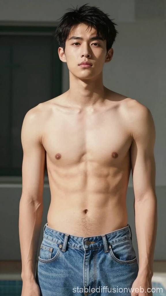 Portrait of Young Slim Shirtless Man in Jeans