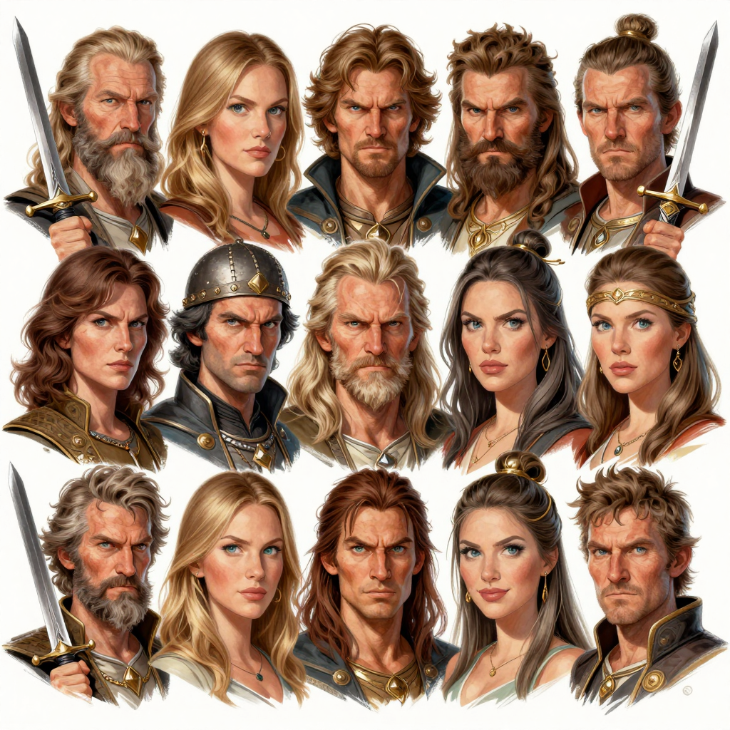 Portraits of 12 Fantasy Adventurers in Detailed Realistic Style