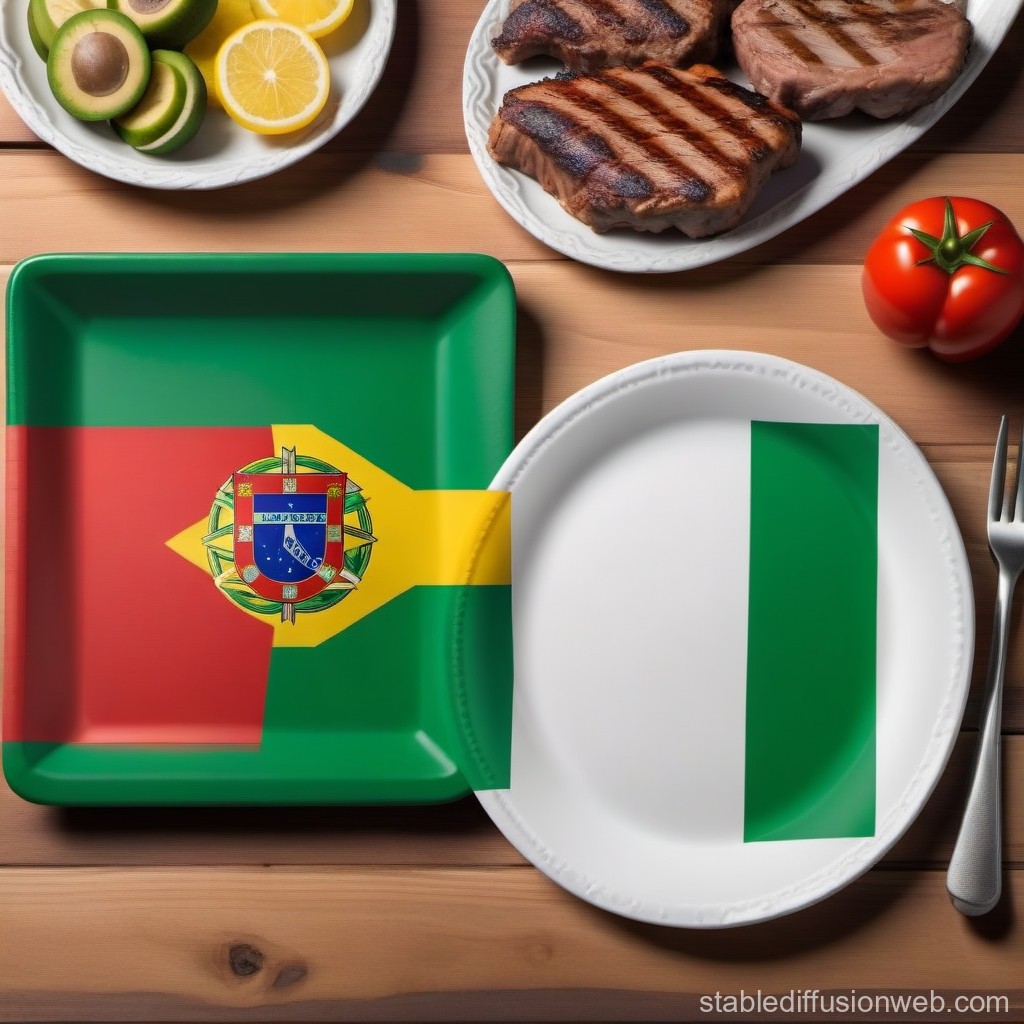 Portuguese and Nigerian Flag Plates with Food on Wooden Table