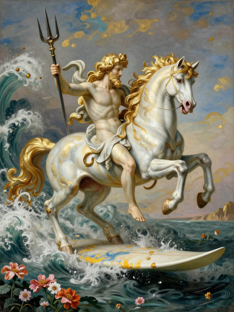 Poseidon Surfing on a Majestic White Horse