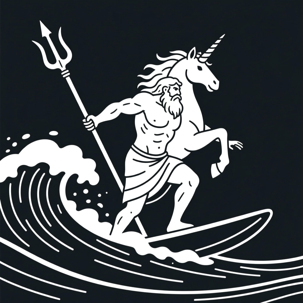 Poseidon Surfing with a Unicorn