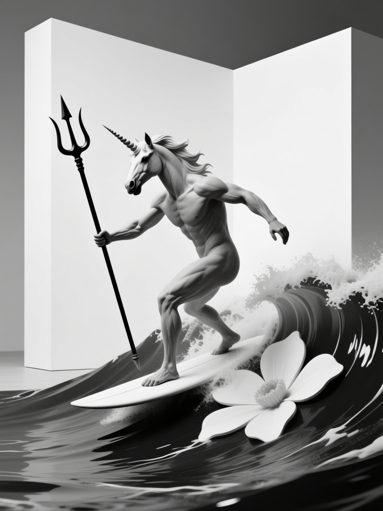 Poseidon Unicorn Surfing a Wave with Trident