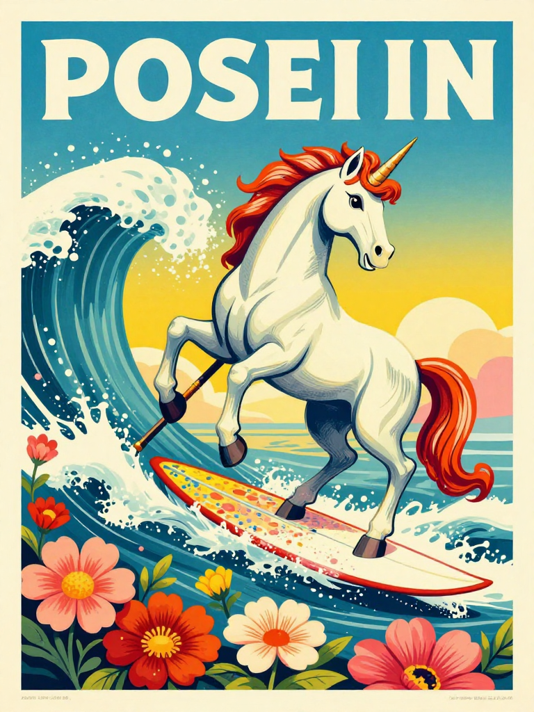 Poseidon Unicorn Surfing on Colorful Waves