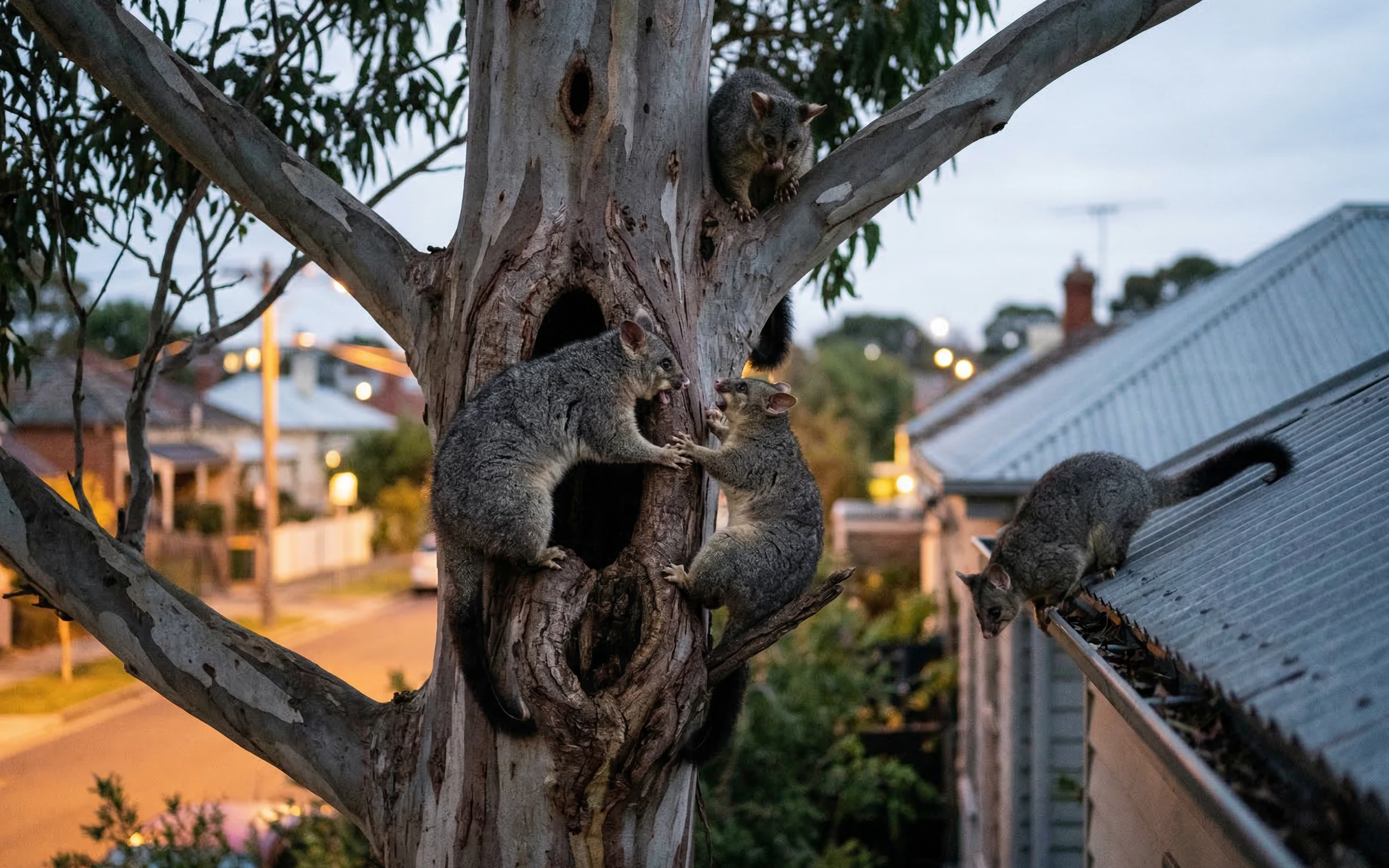 Possums Gathering in Urban Parkland at Dusk
