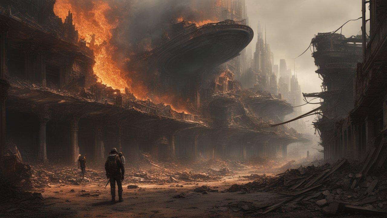 Post-Apocalyptic Cityscape with Burning Ruins and UFO