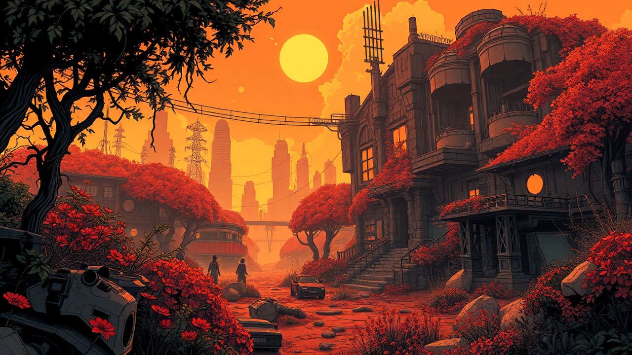 Post-Apocalyptic Cityscape with Overgrown Red Foliage at Sunset