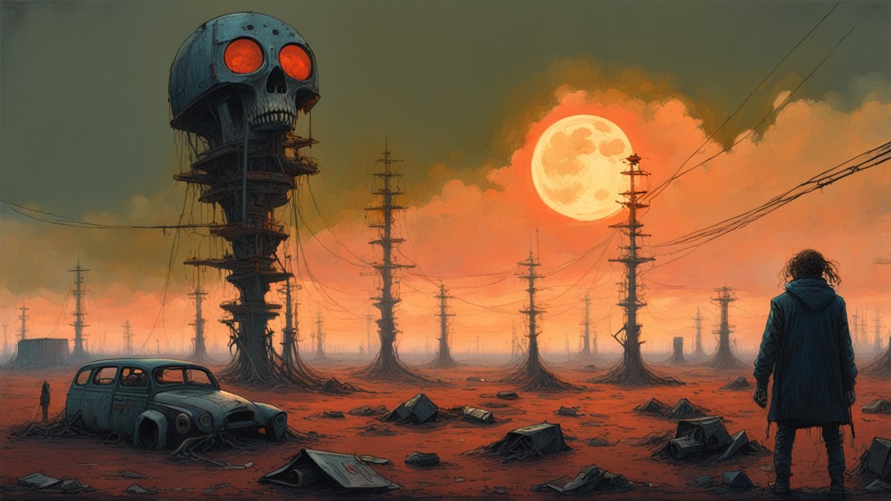 Post-Apocalyptic Landscape with Giant Skull Tower at Sunset