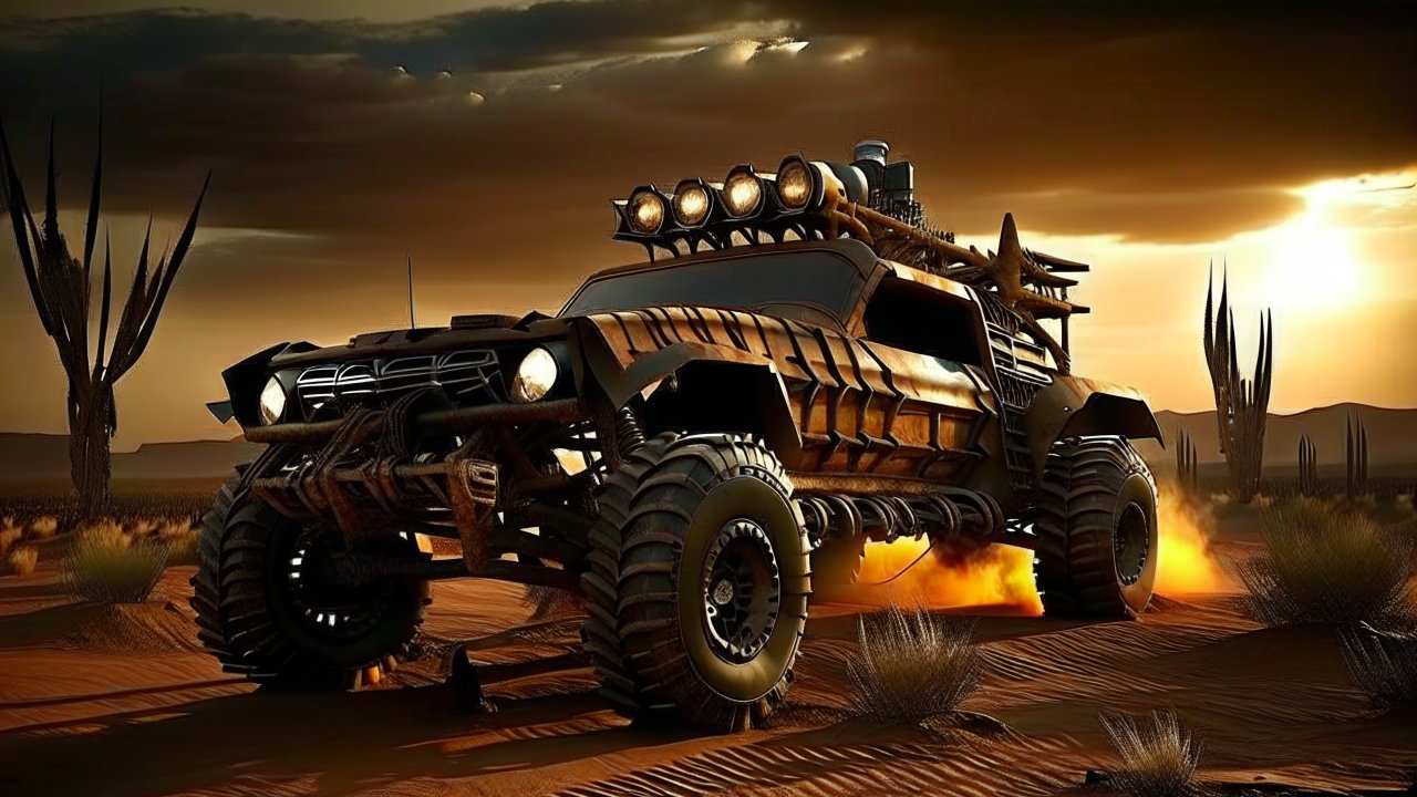 Post-Apocalyptic Offroad Car in Desert Sunset