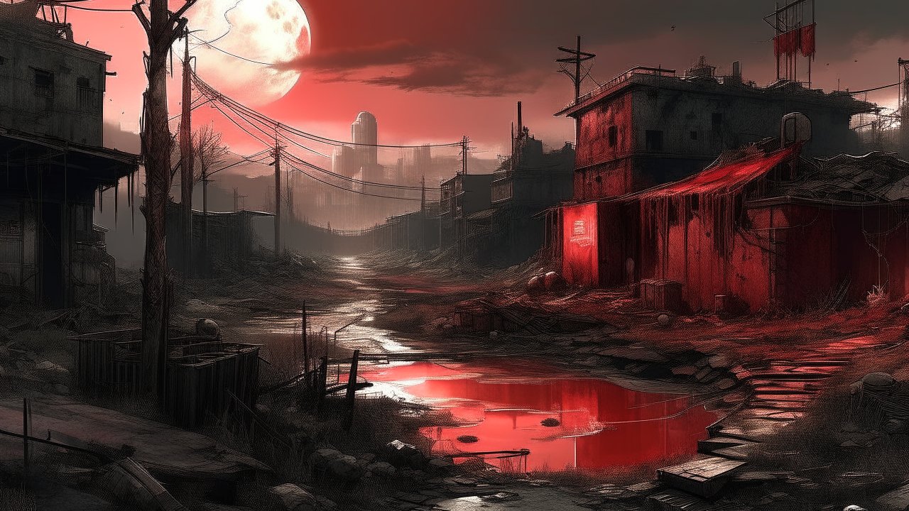 Post-Apocalyptic Urban Landscape at Blood Moon