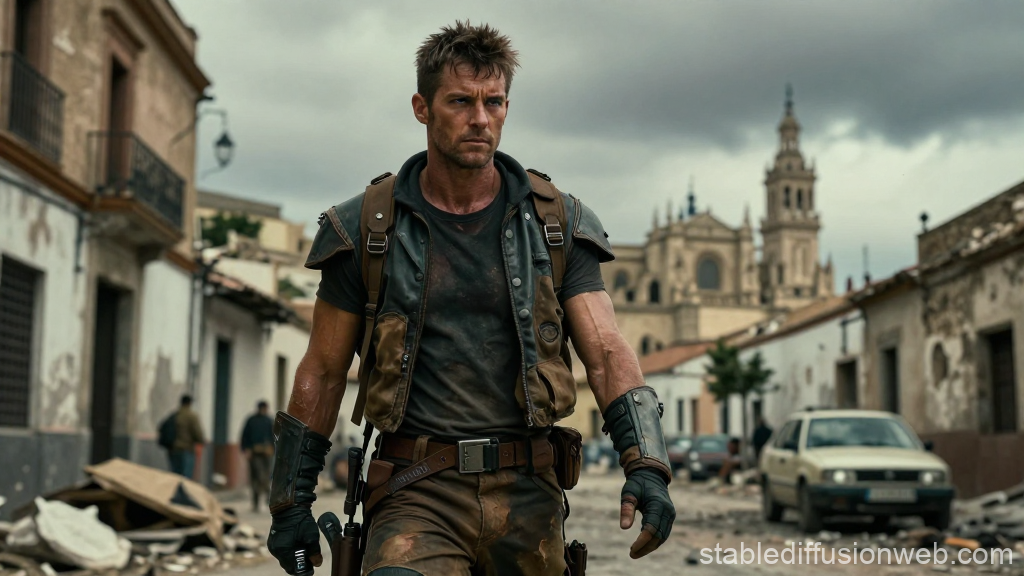 Post-Apocalyptic Warrior in Deserted Urban Ruins