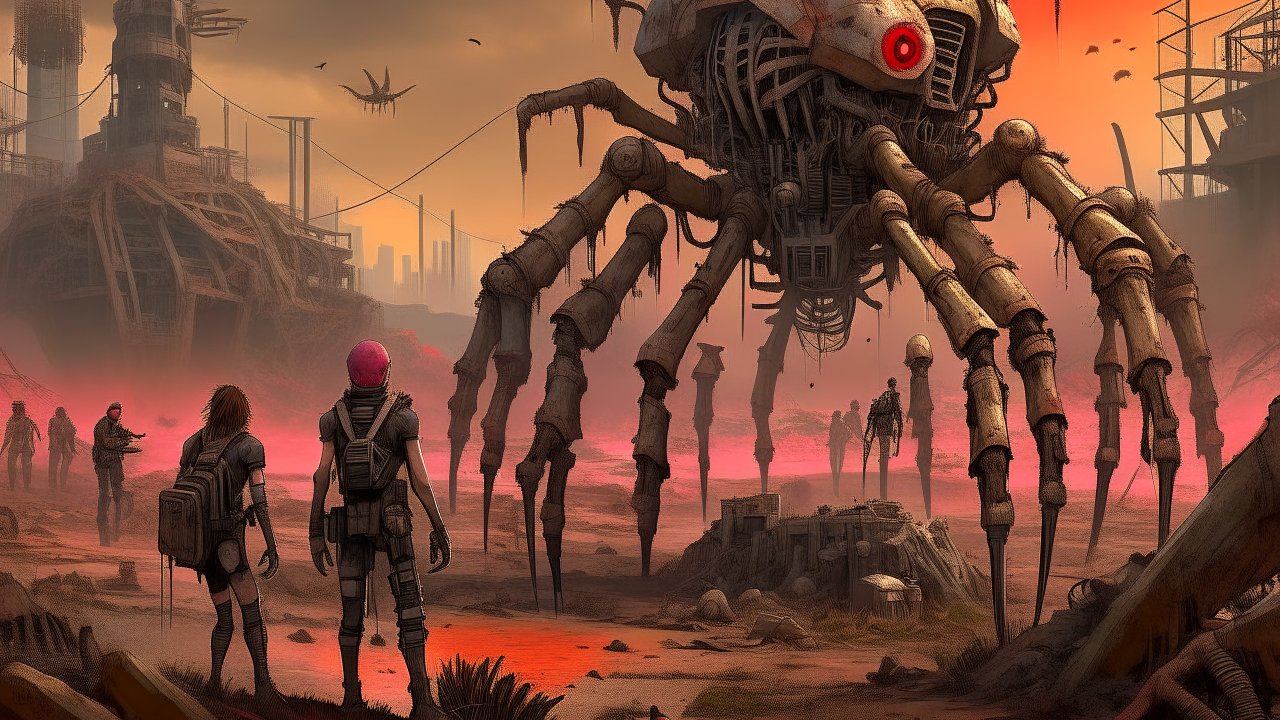 Post-Apocalyptic Wasteland with Giant Mechanical Spider