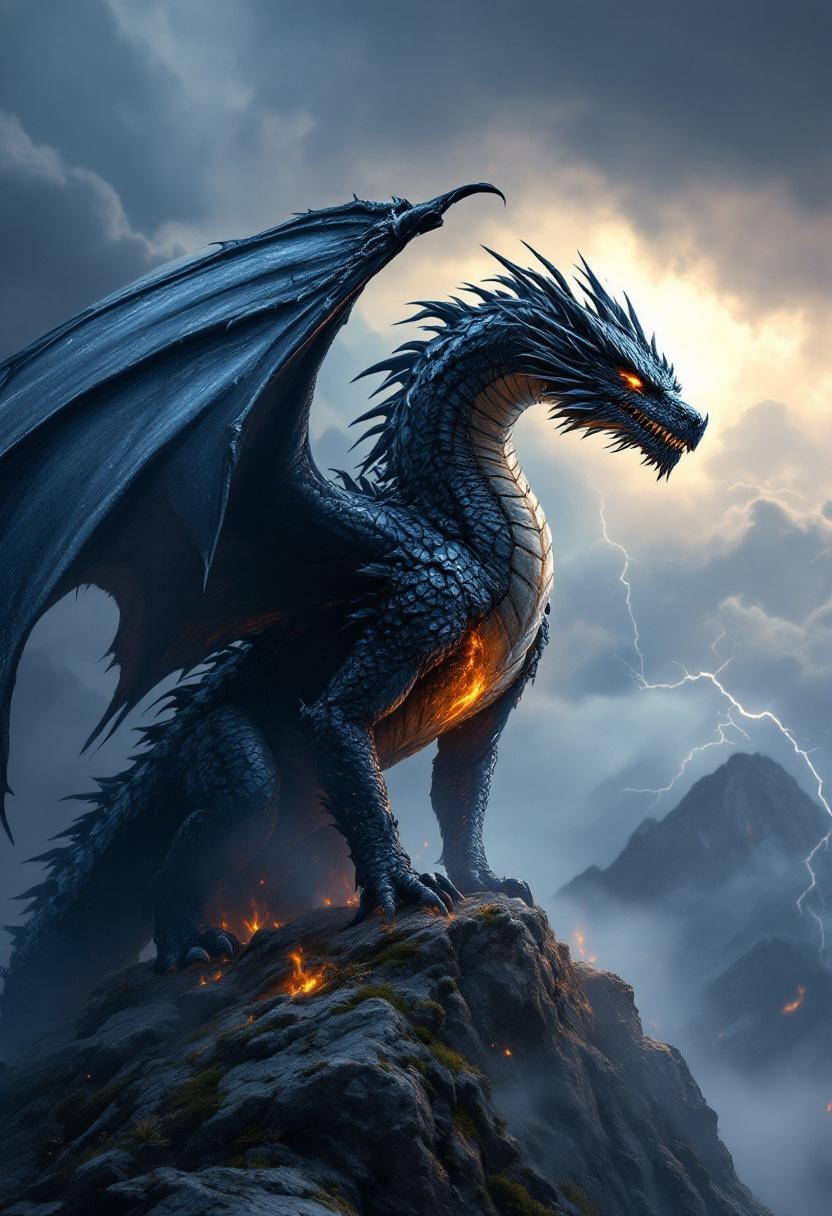 Powerful Dark Dragon on Rocky Peak with Fiery Core