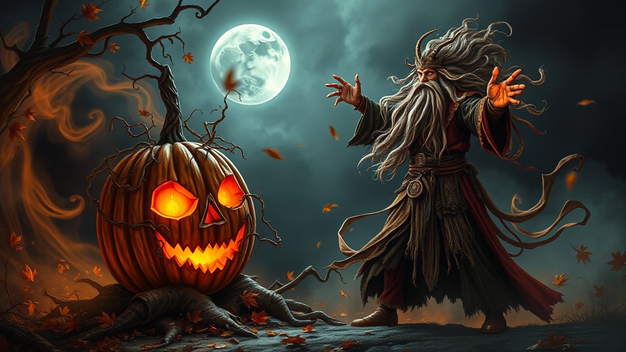 Powerful Druid Summoning a Living Pumpkin Under Full Moon