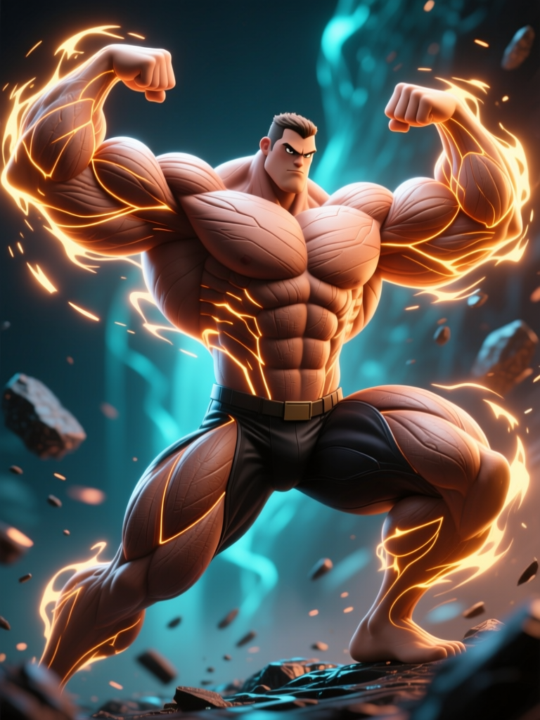 Powerful Muscular Hero with Fiery Energy
