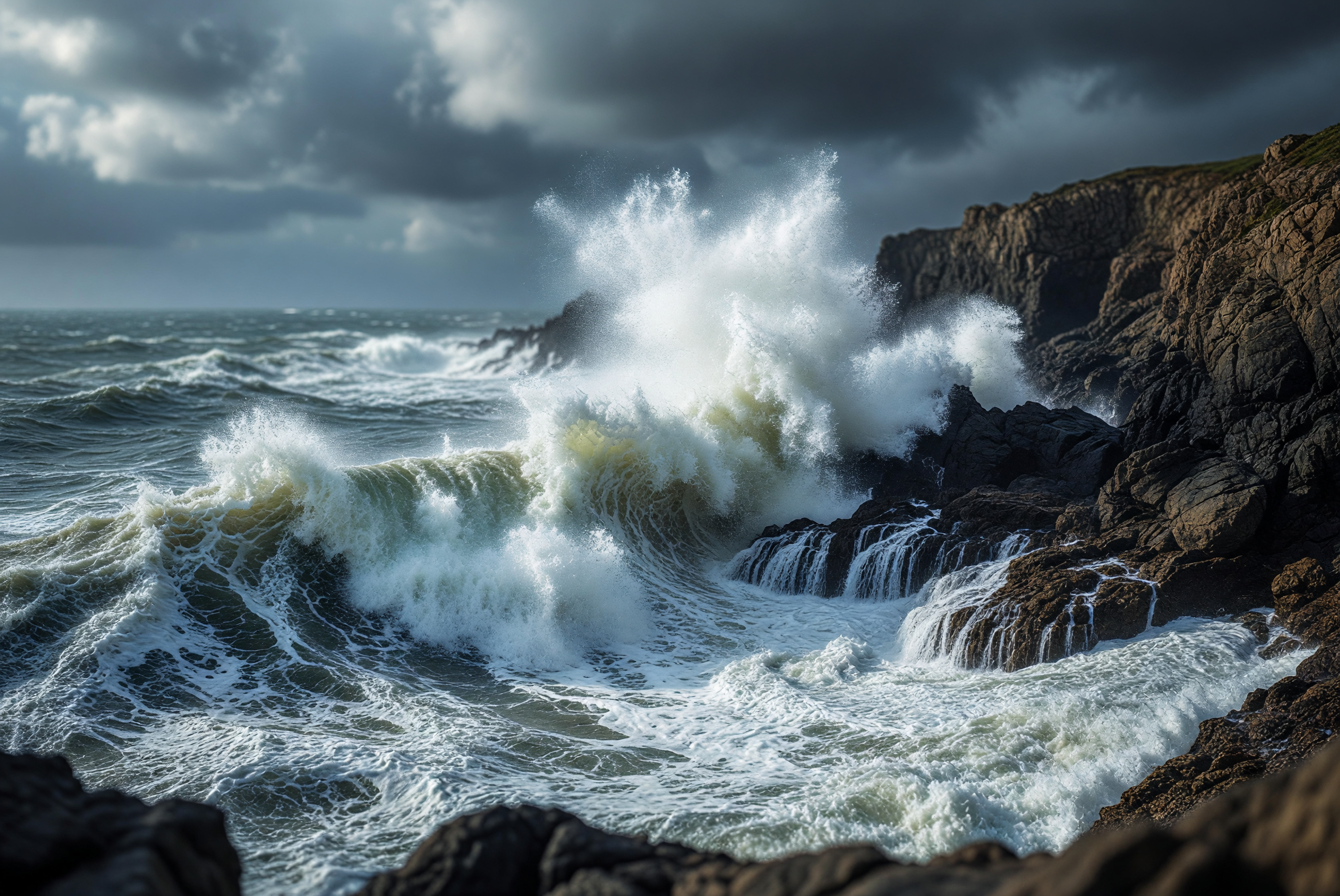 Powerful Ocean Waves Crashing Against Rocky Cliffs