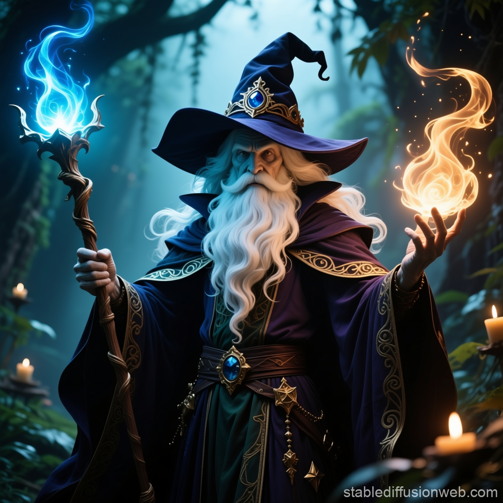 Powerful Wizard Casting Dual Elemental Spells in Enchanted Forest