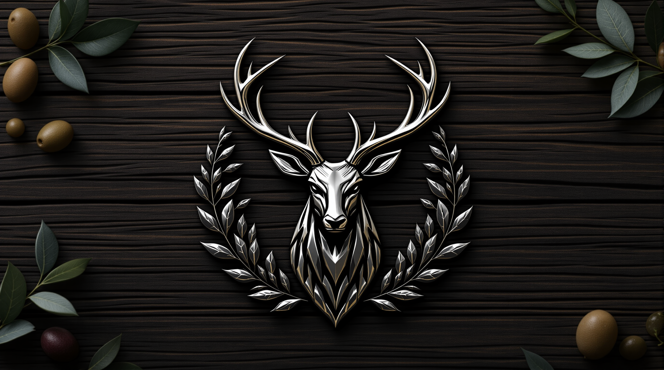 Premium Metallic Deer Emblem on Dark Wood Background