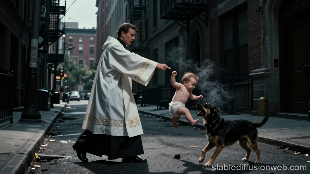 Priest Protecting Baby from Dog in Urban Alley