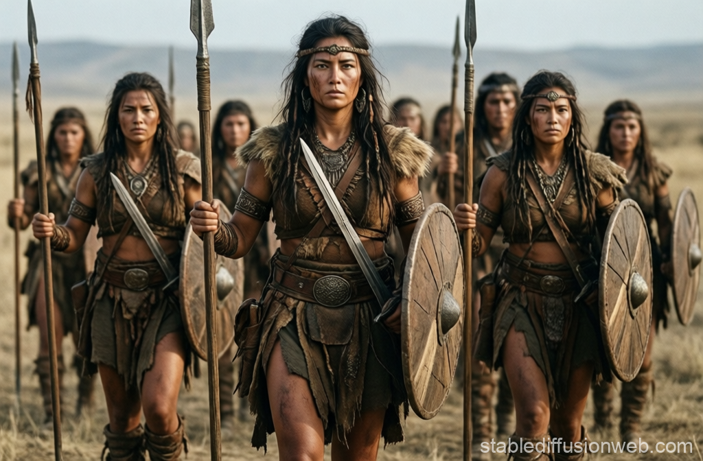 Primitive Warrior Women Marching in Formation