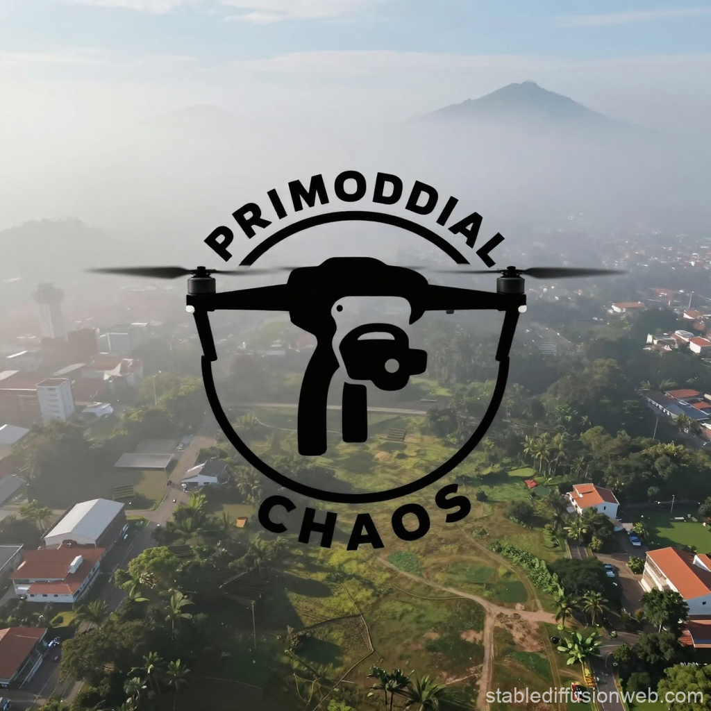 Primordial Chaos Drone Logo Over Aerial Landscape