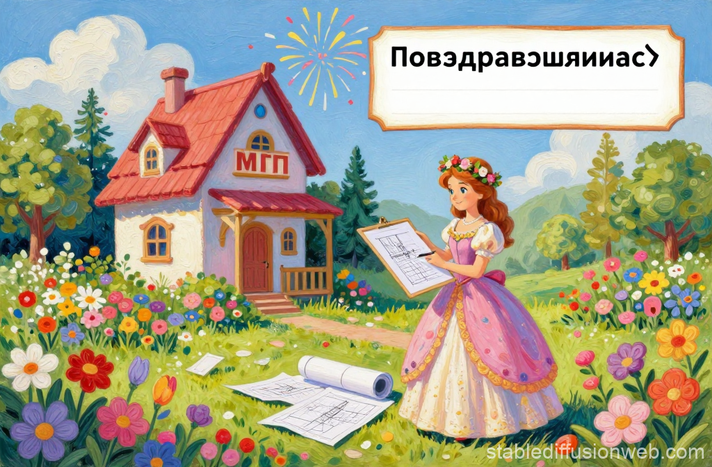 Princess Drawing Architectural Plans in a Colorful Garden