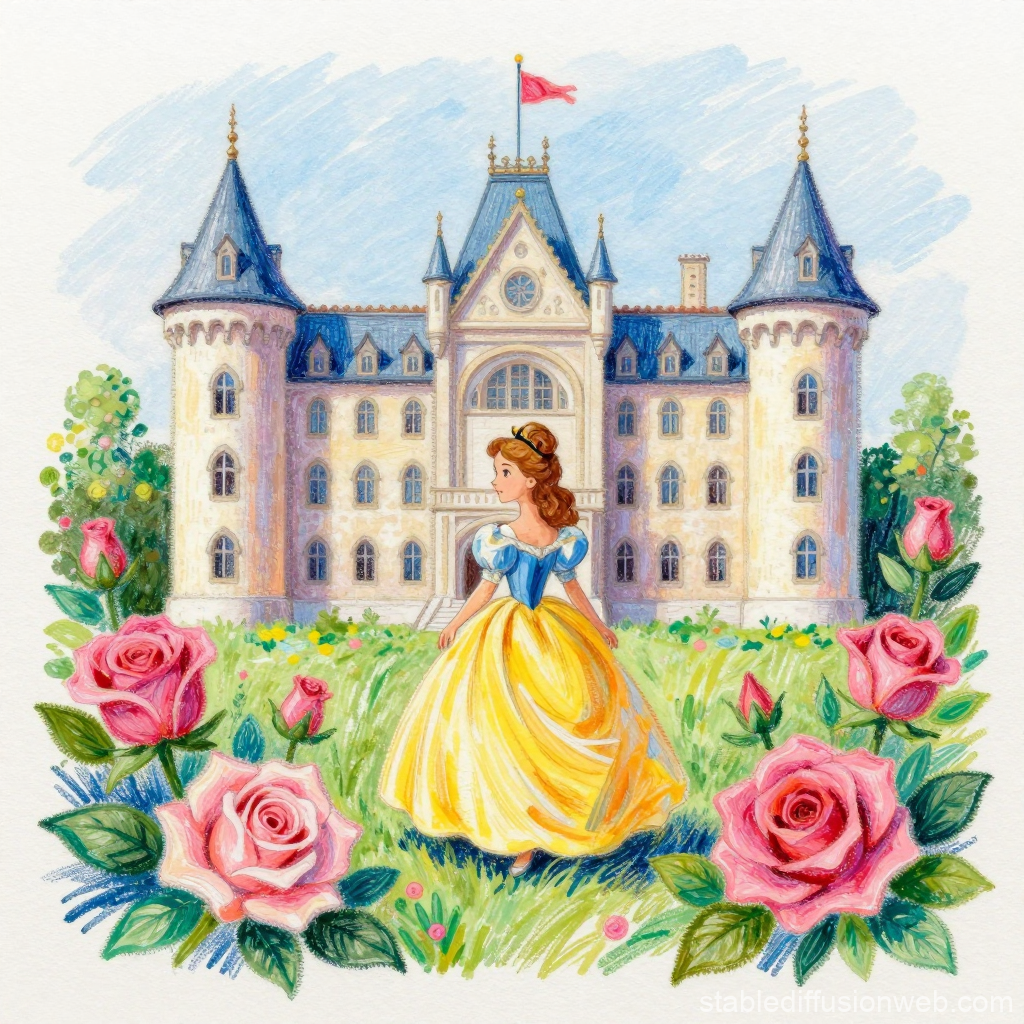 Princess in Rose Garden Before Castle