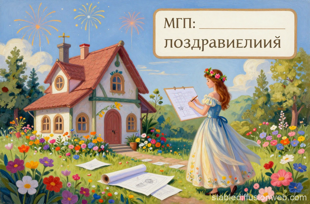Princess Sketching a Cottage in a Colorful Garden