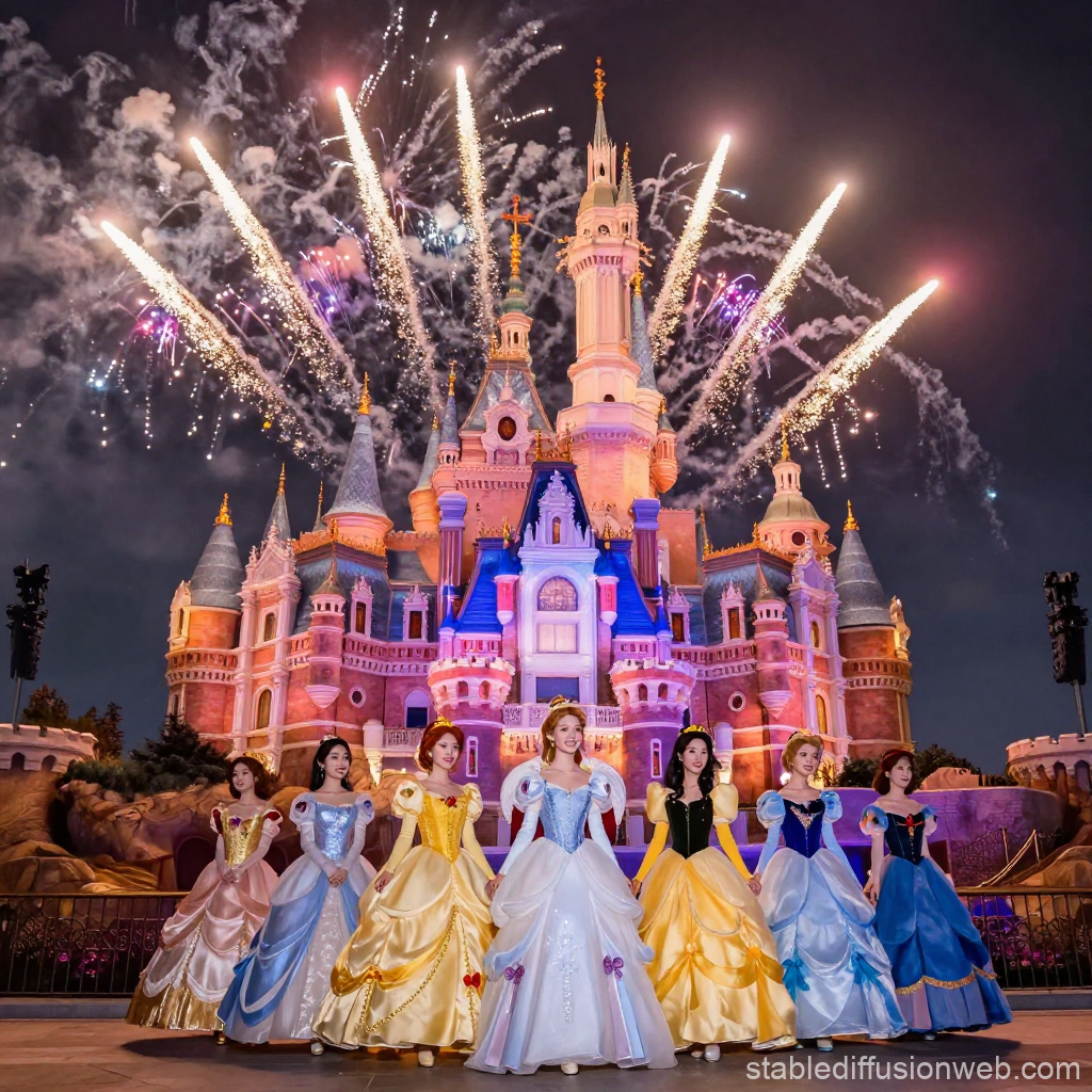Princesses in Front of Castle with Fireworks at Night