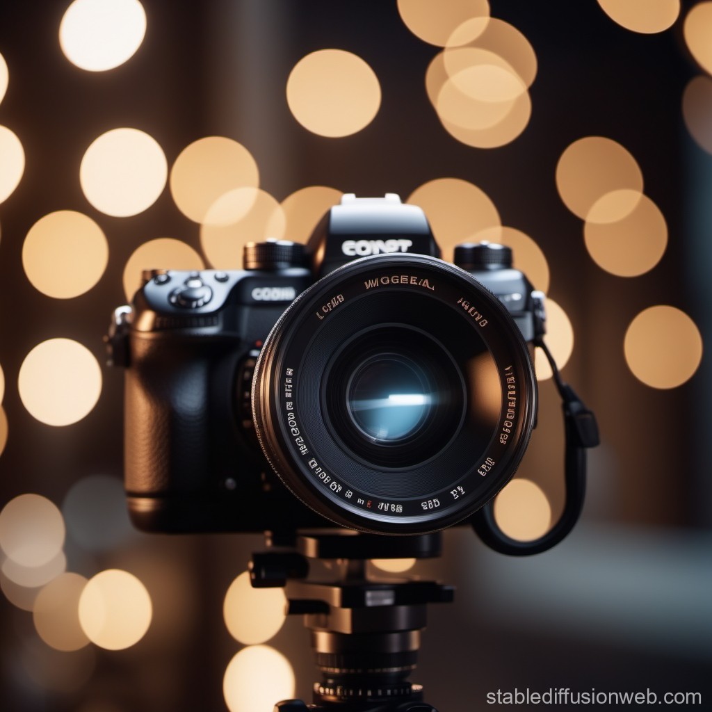 Professional Camera on Tripod with Bokeh Lights