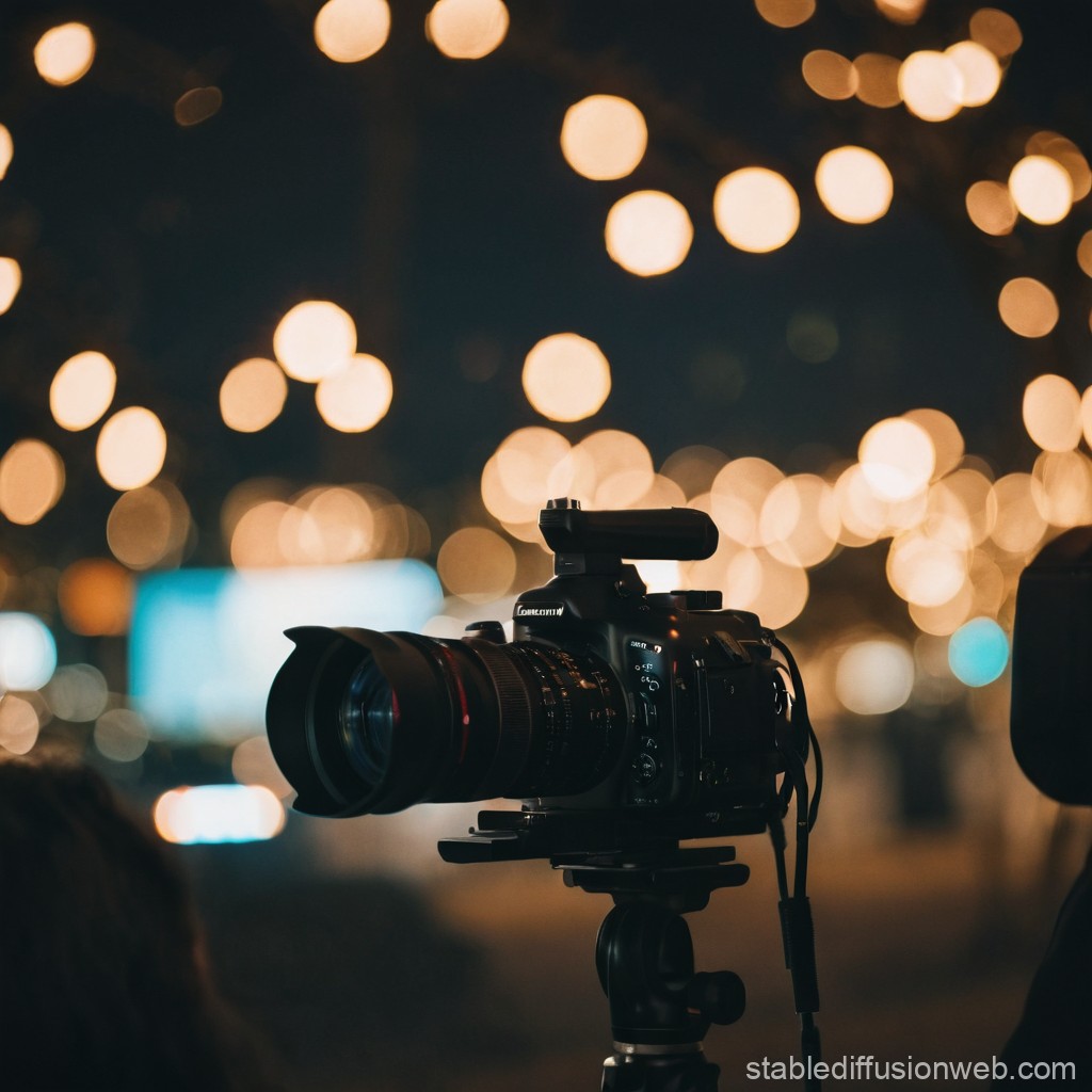 Professional Camera with Bokeh Lights in Background