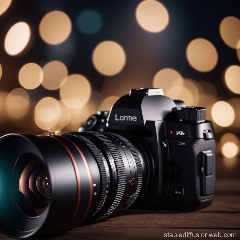 Professional Camera with Large Lens and Bokeh Lights