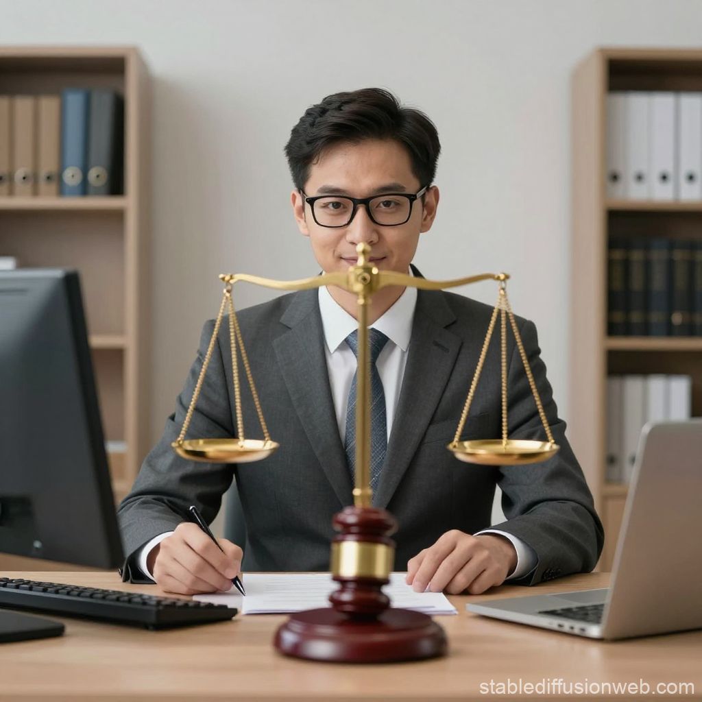 Professional Lawyer at Desk with Scales of Justice