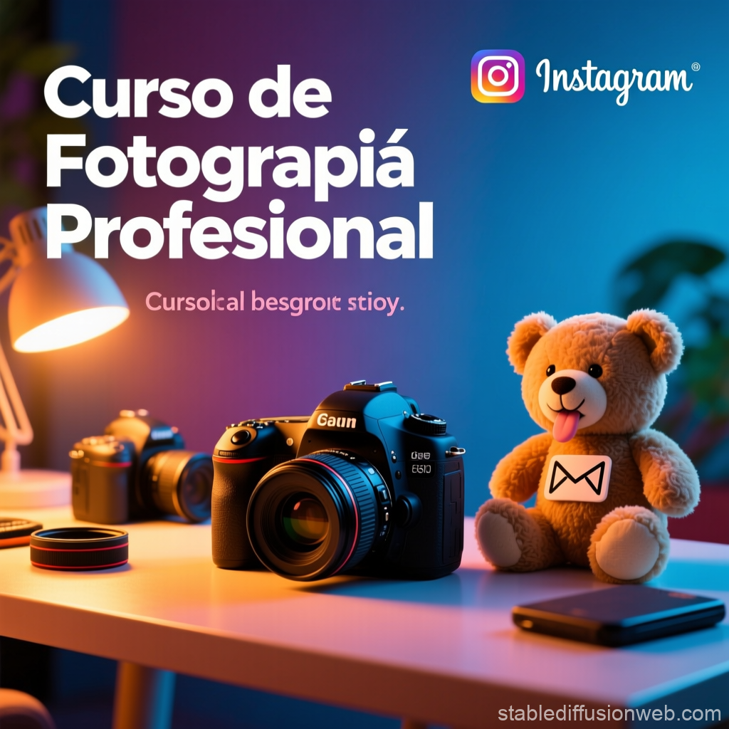 Professional Photography Course Poster with Camera and Teddy Bear
