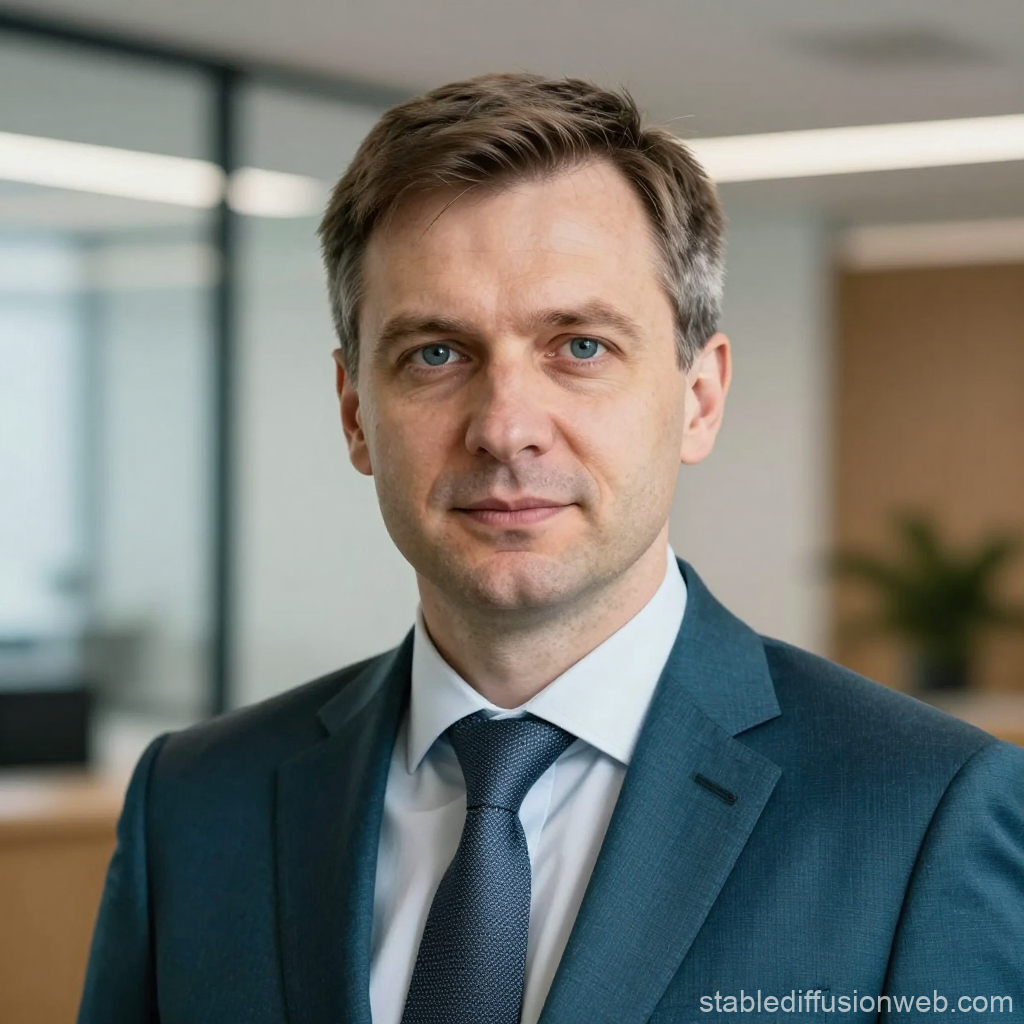 Professional Portrait of a Lithuanian Economist in Corporate Setting